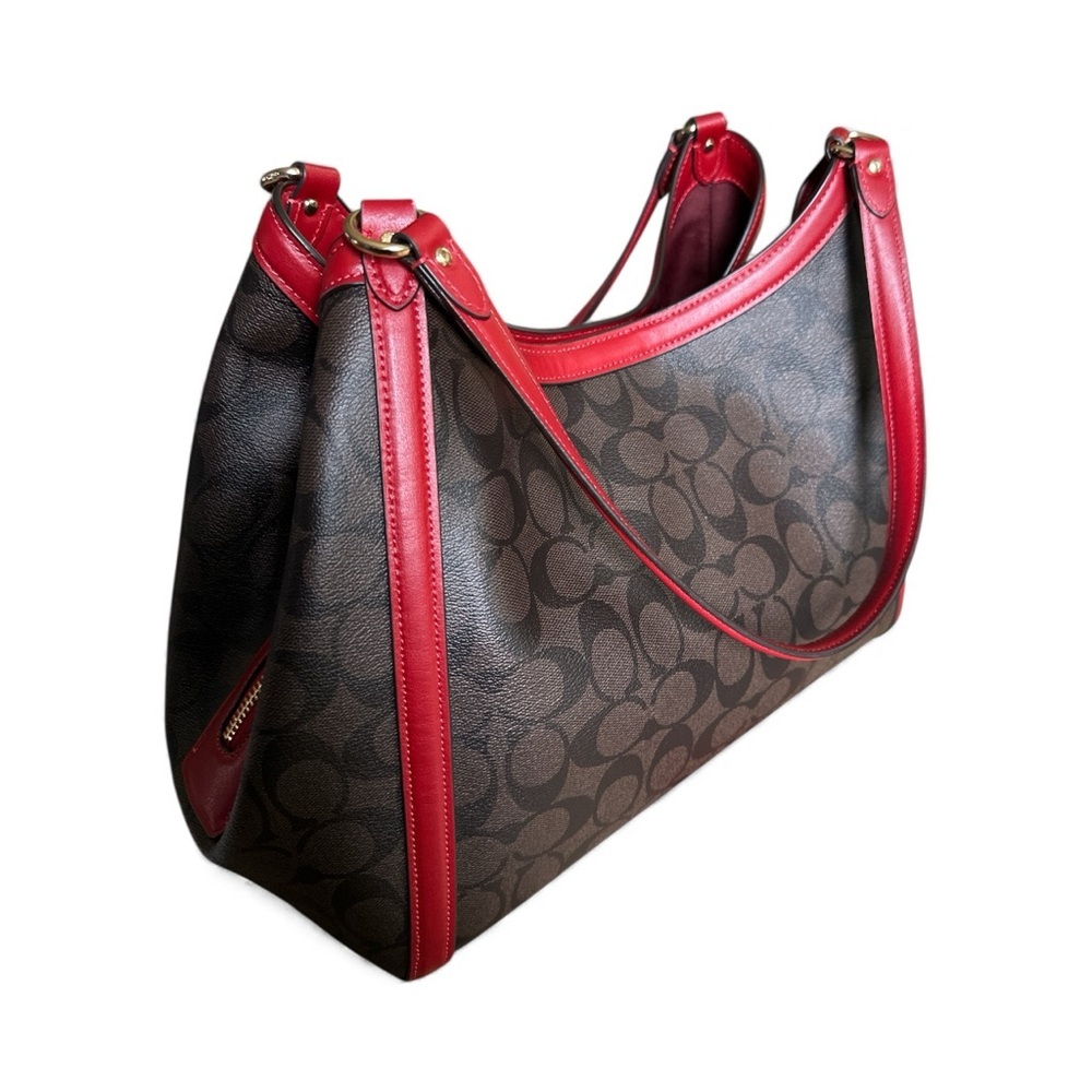 ✨ Coach Signature Zip Shoulder Bag Red Trim Brown Black Canvas NWOT✨ - Picture 7 of 13